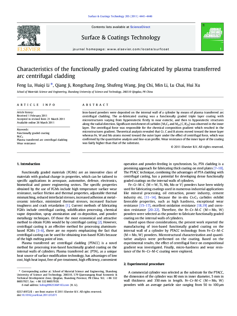 Characteristics of the functionally graded coating fabricated by plasma transferred arc centrifugal cladding