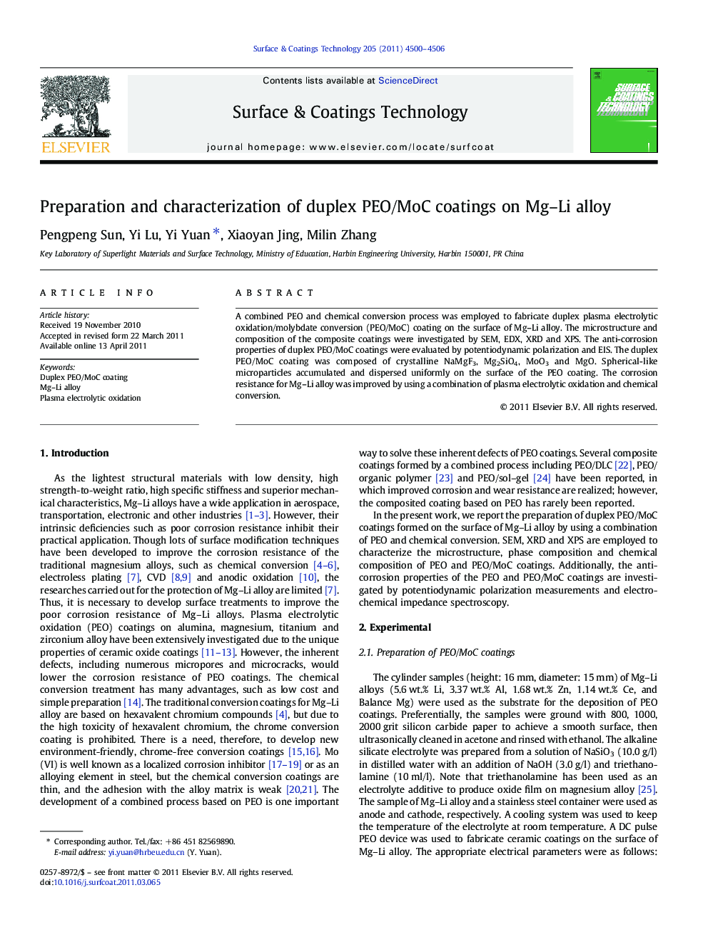 Preparation and characterization of duplex PEO/MoC coatings on Mg-Li alloy