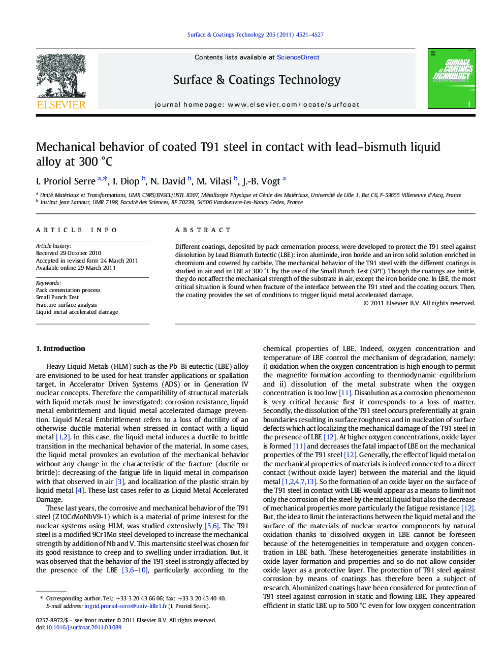 Mechanical behavior of coated T91 steel in contact with lead-bismuth liquid alloy at 300Â Â°C