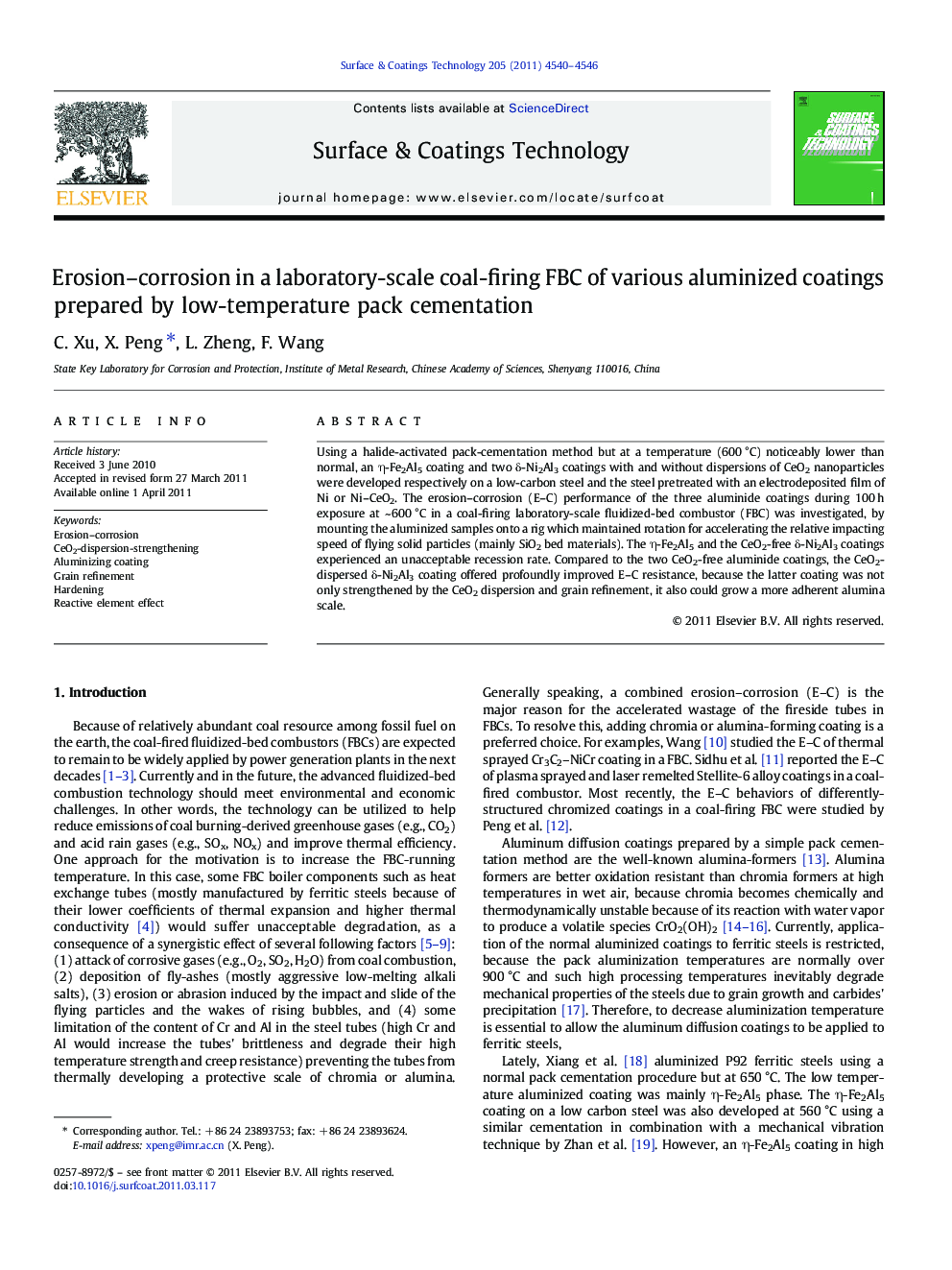 Erosion-corrosion in a laboratory-scale coal-firing FBC of various aluminized coatings prepared by low-temperature pack cementation