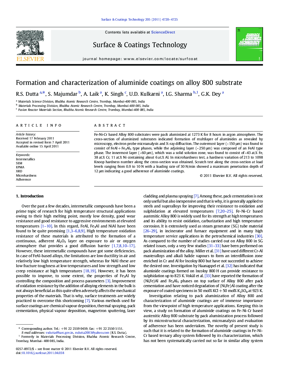 Formation and characterization of aluminide coatings on alloy 800 substrate