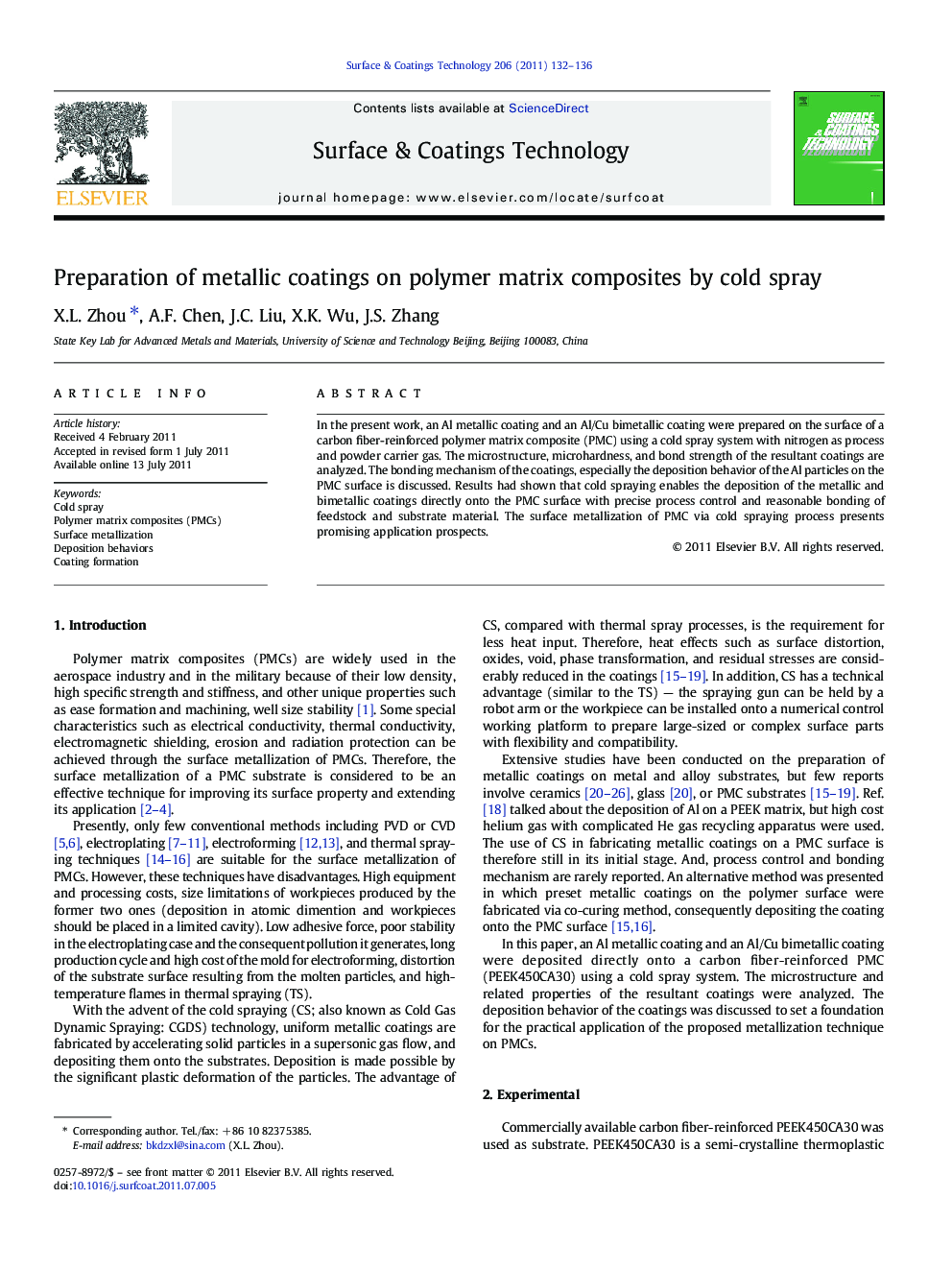 Preparation of metallic coatings on polymer matrix composites by cold spray