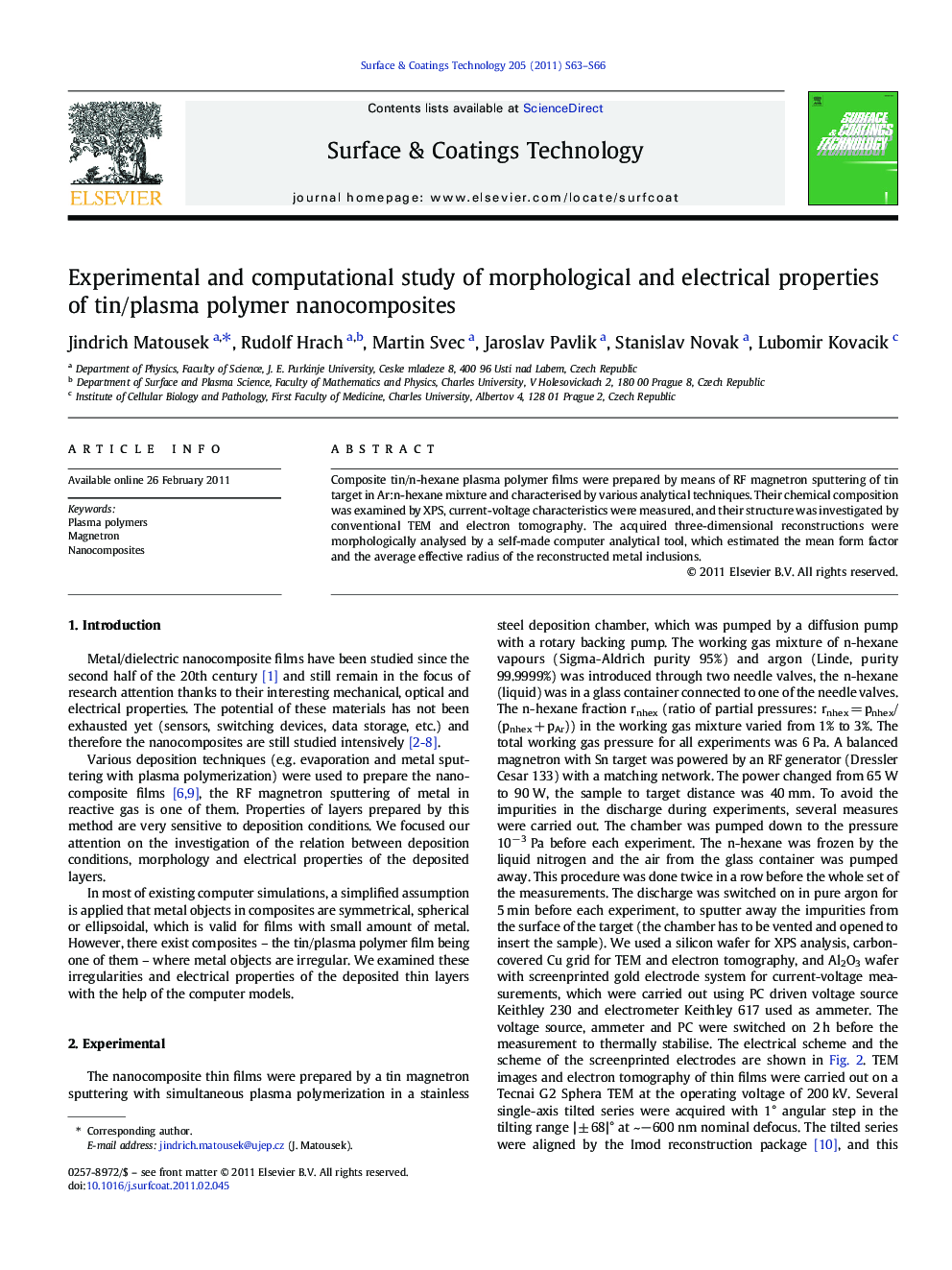 Experimental and computational study of morphological and electrical properties of tin/plasma polymer nanocomposites