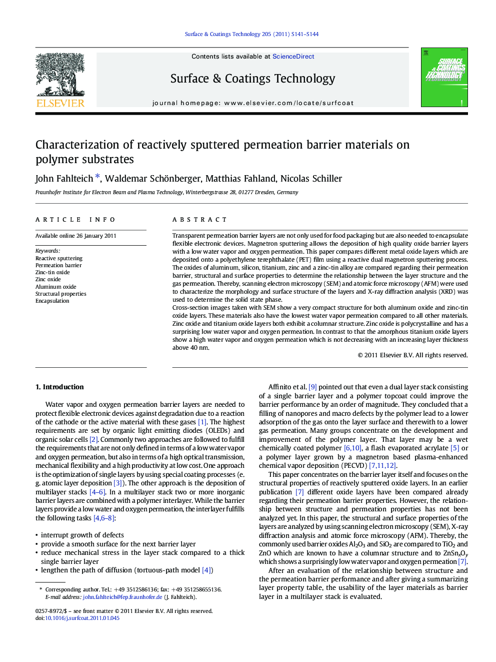 Characterization of reactively sputtered permeation barrier materials on polymer substrates