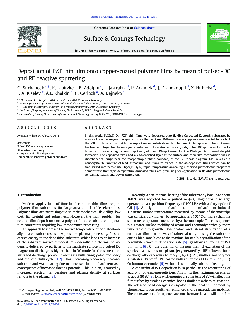 Deposition of PZT thin film onto copper-coated polymer films by mean of pulsed-DC and RF-reactive sputtering