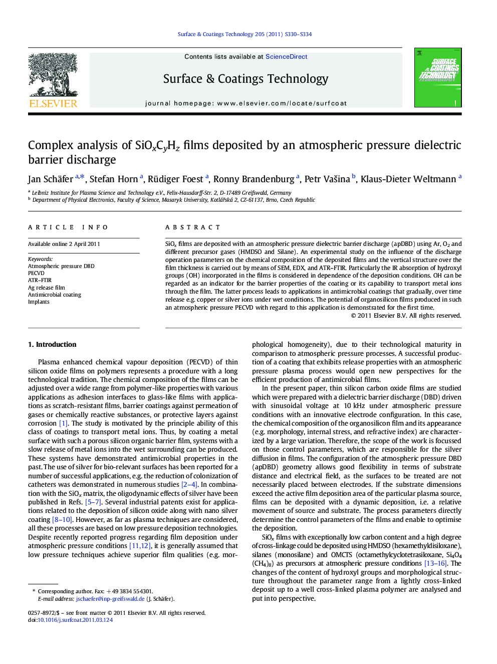 Complex analysis of SiOxCyHz films deposited by an atmospheric pressure dielectric barrier discharge