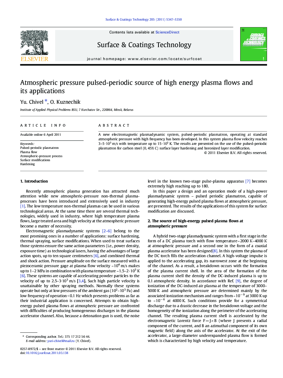 Atmospheric pressure pulsed-periodic source of high energy plasma flows and its applications