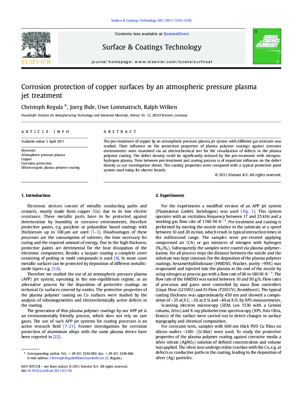 Corrosion protection of copper surfaces by an atmospheric pressure plasma jet treatment