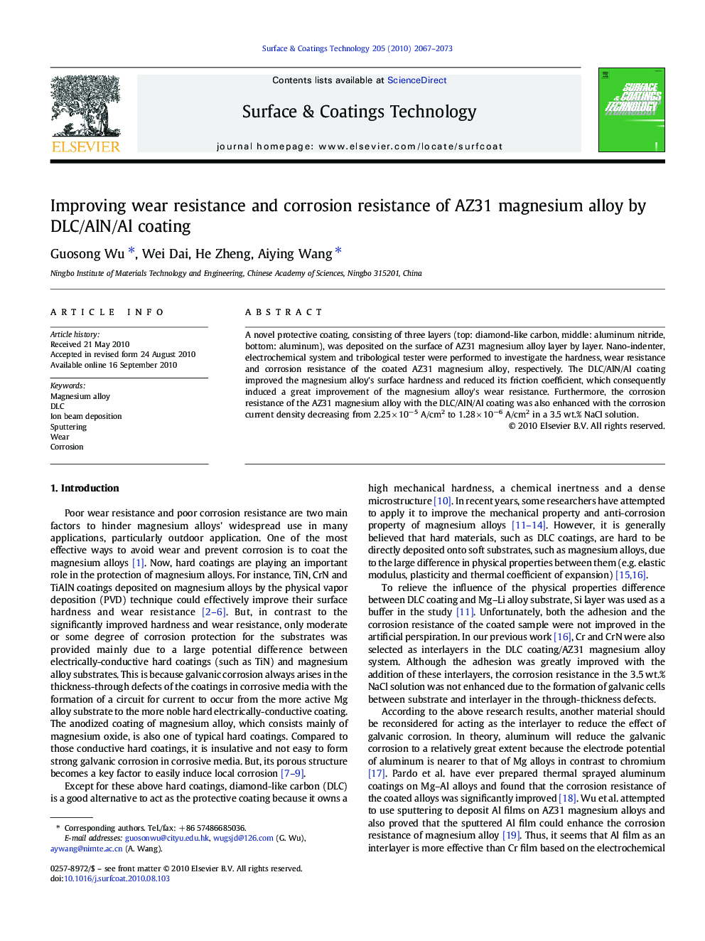 Improving wear resistance and corrosion resistance of AZ31 magnesium alloy by DLC/AlN/Al coating