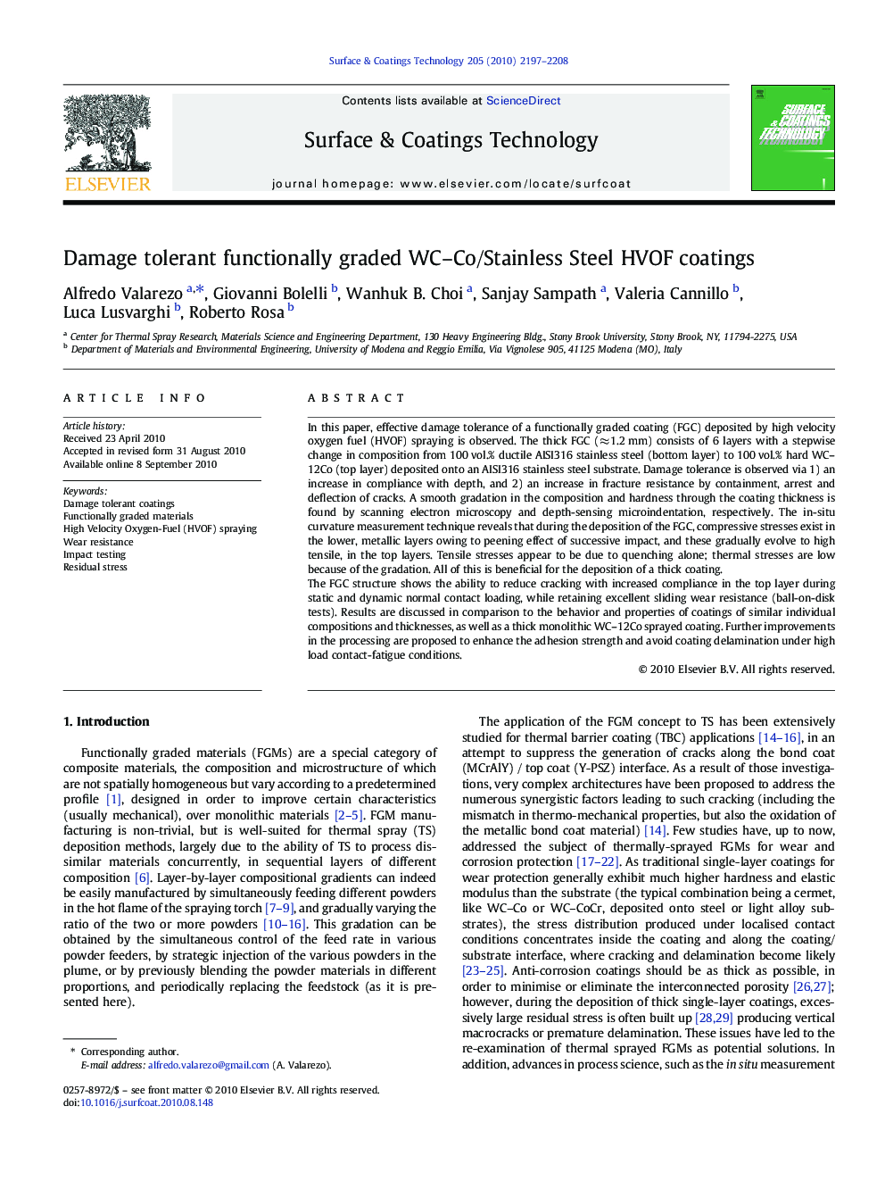 Damage tolerant functionally graded WC-Co/Stainless Steel HVOF coatings