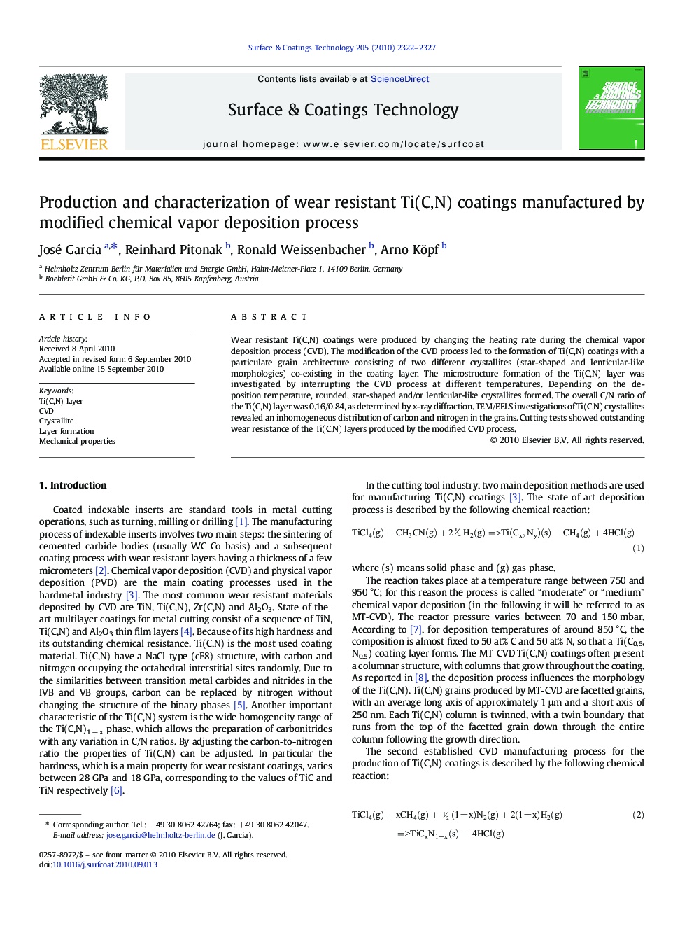 Production and characterization of wear resistant Ti(C,N) coatings manufactured by modified chemical vapor deposition process