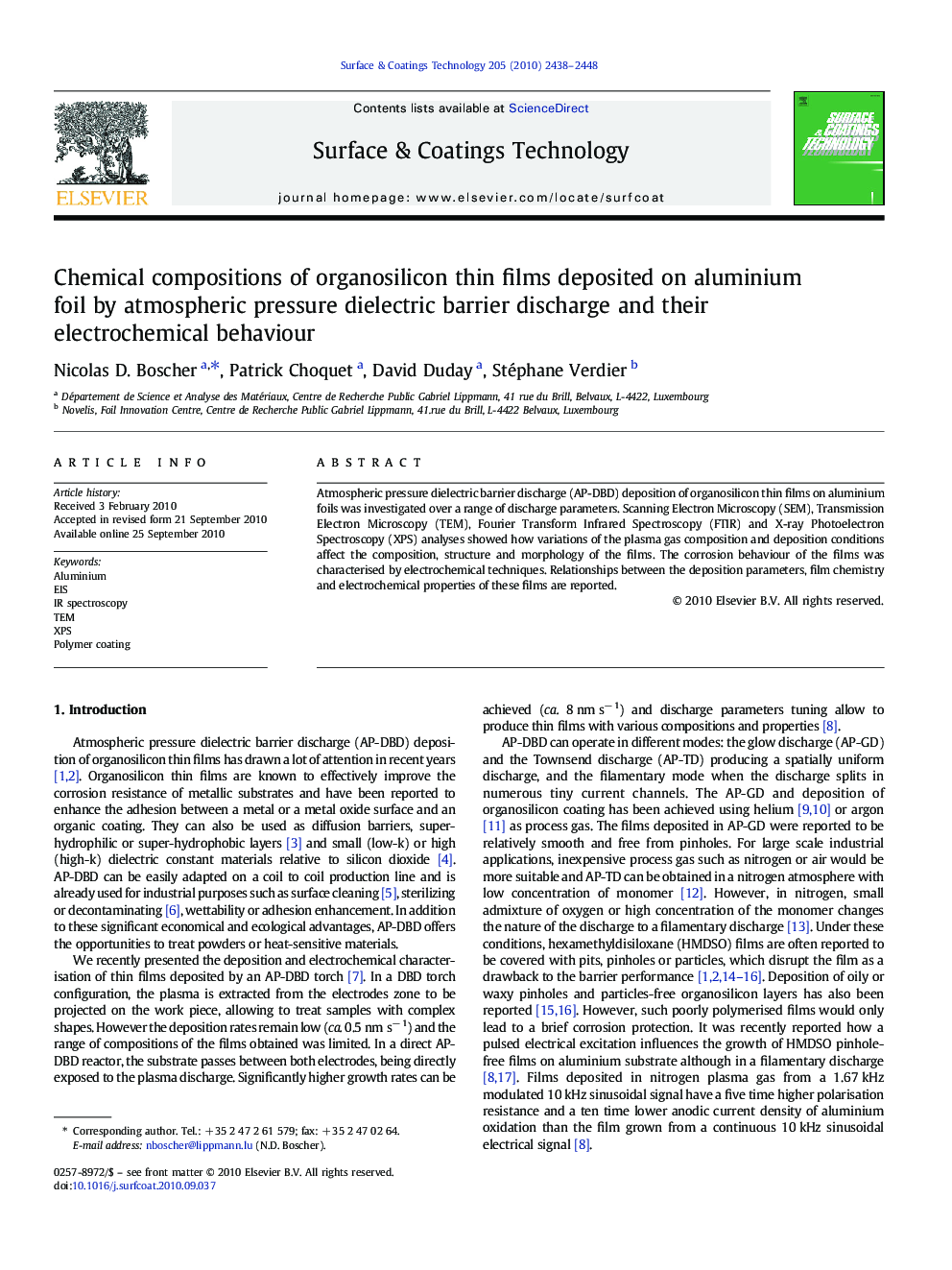 Chemical compositions of organosilicon thin films deposited on aluminium foil by atmospheric pressure dielectric barrier discharge and their electrochemical behaviour