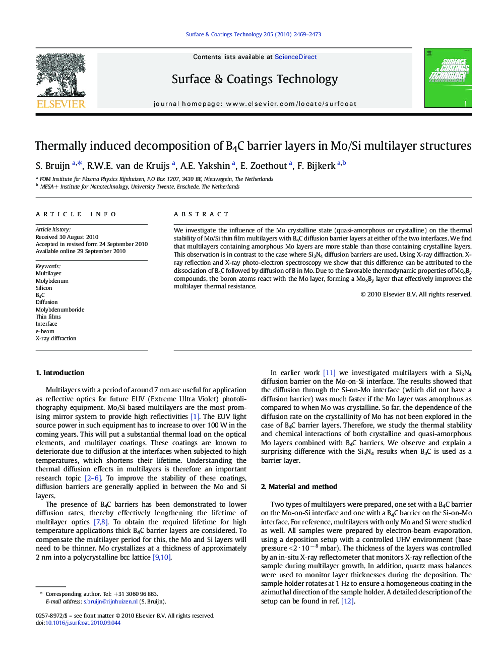 Thermally induced decomposition of B4C barrier layers in Mo/Si multilayer structures