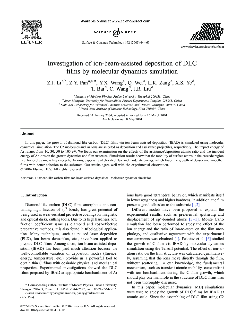 Investigation of ion-beam-assisted deposition of DLC films by molecular dynamics simulation