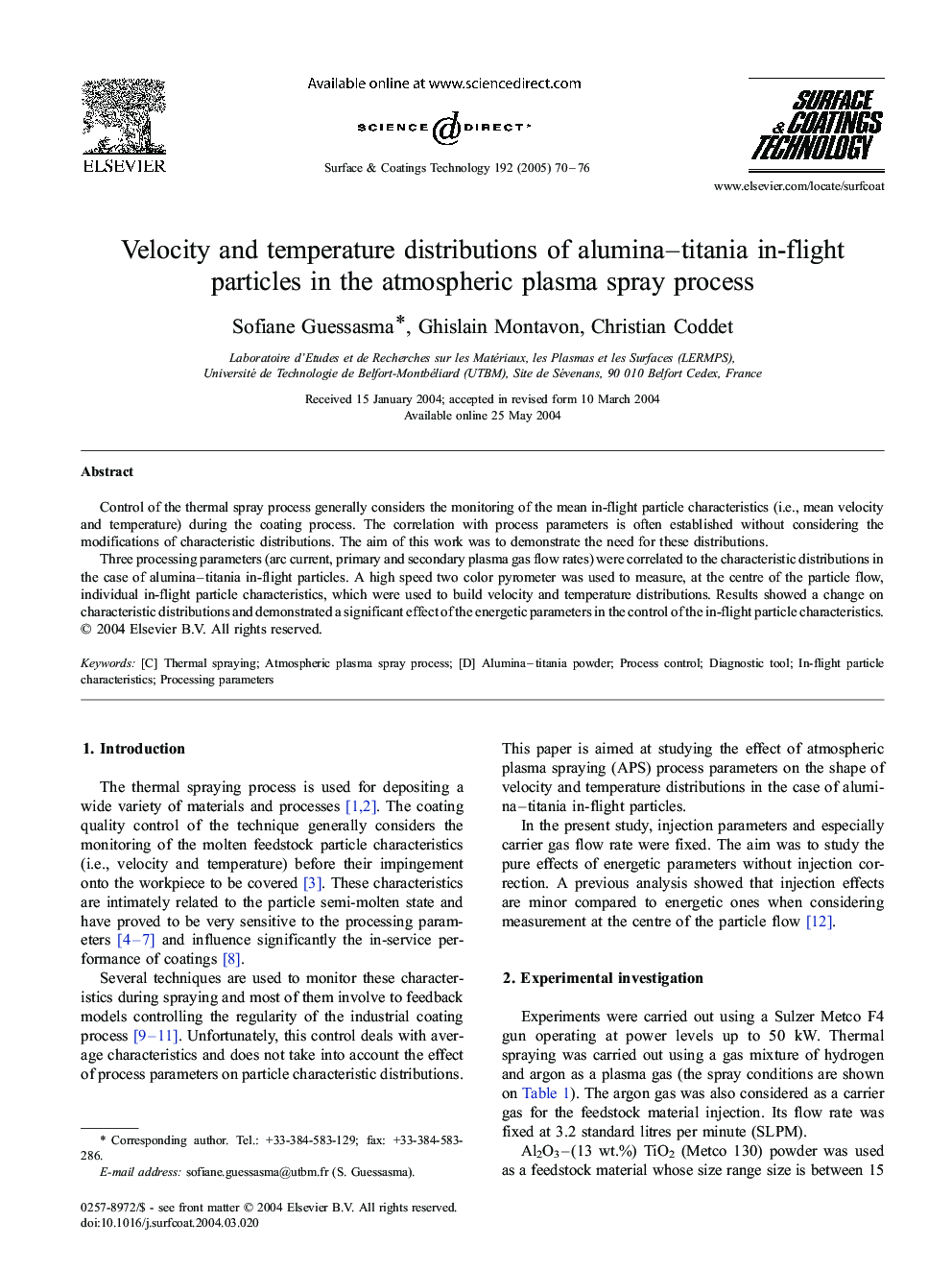 Velocity and temperature distributions of alumina-titania in-flight particles in the atmospheric plasma spray process