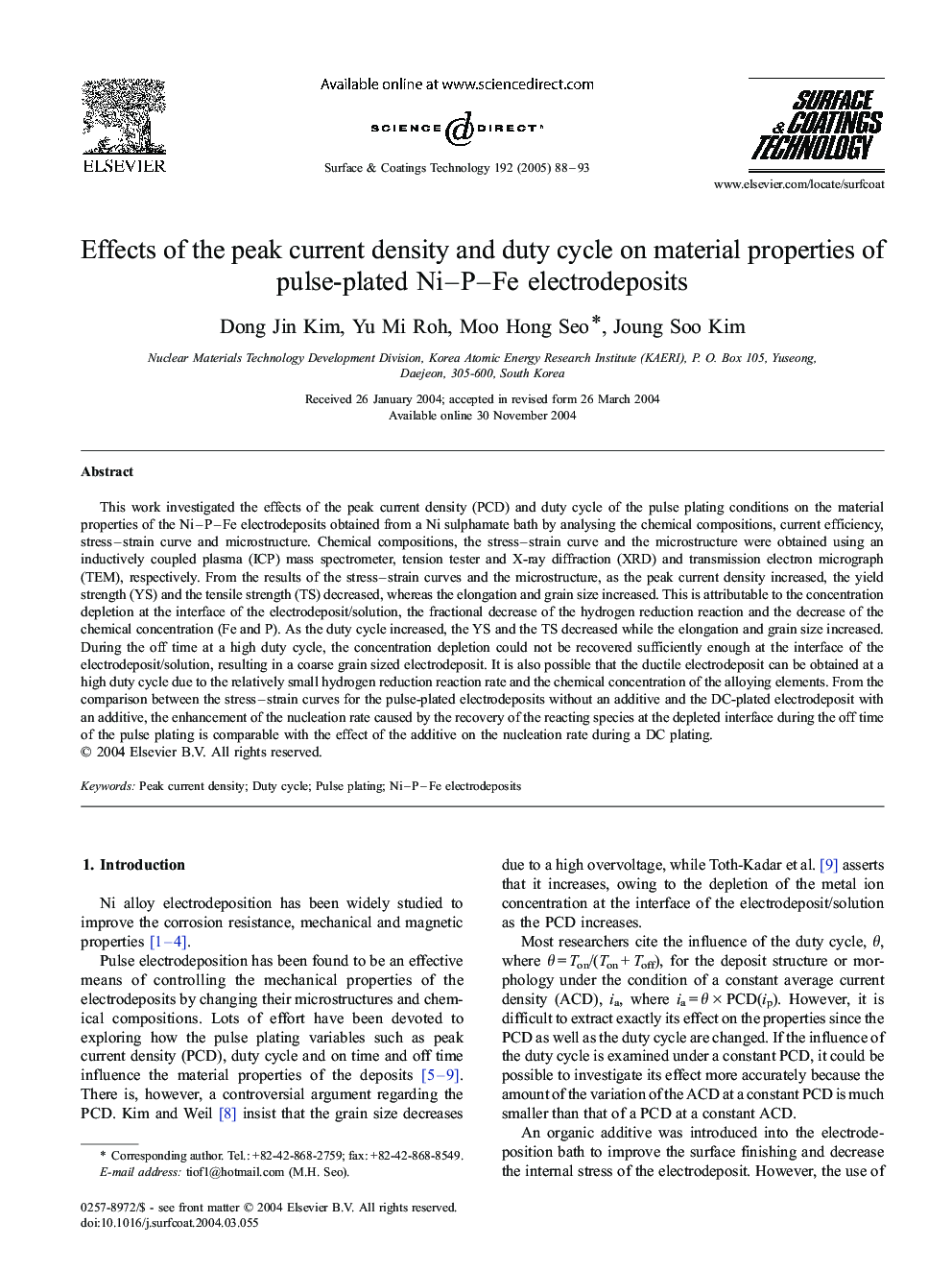 Effects of the peak current density and duty cycle on material properties of pulse-plated Ni-P-Fe electrodeposits