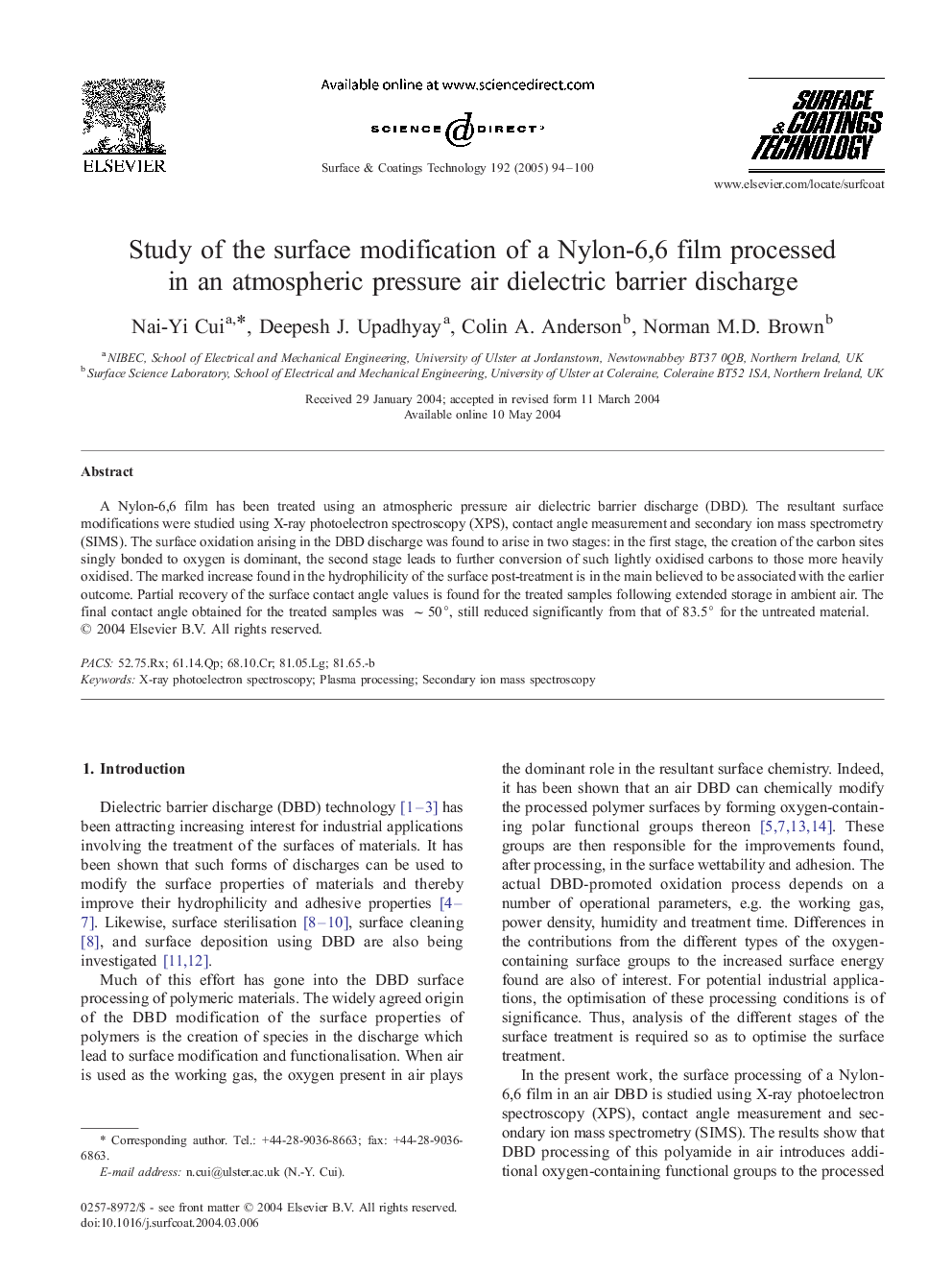 Study of the surface modification of a Nylon-6,6 film processed in an atmospheric pressure air dielectric barrier discharge