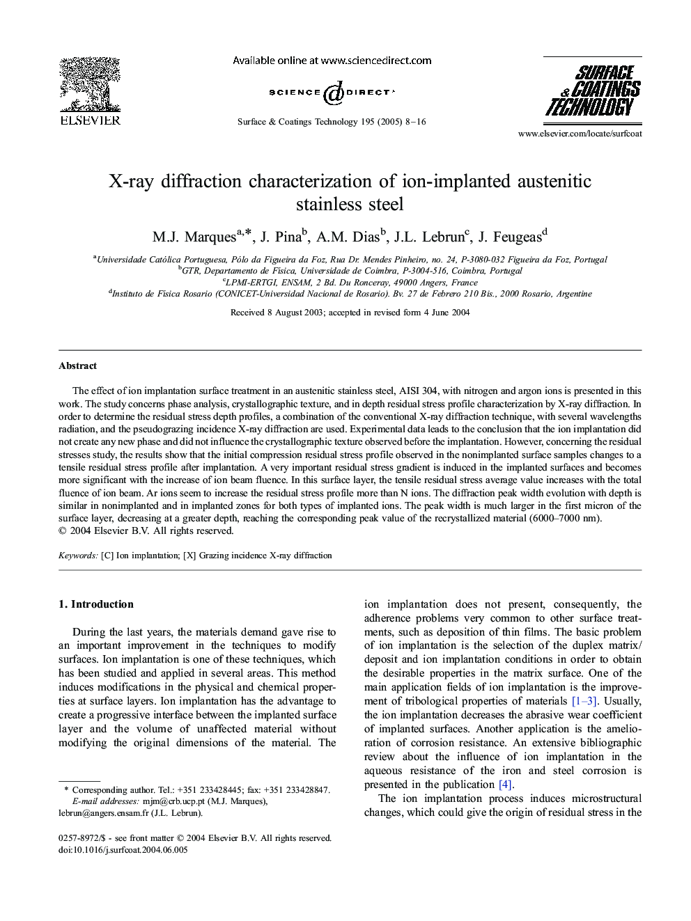 X-ray diffraction characterization of ion-implanted austenitic stainless steel