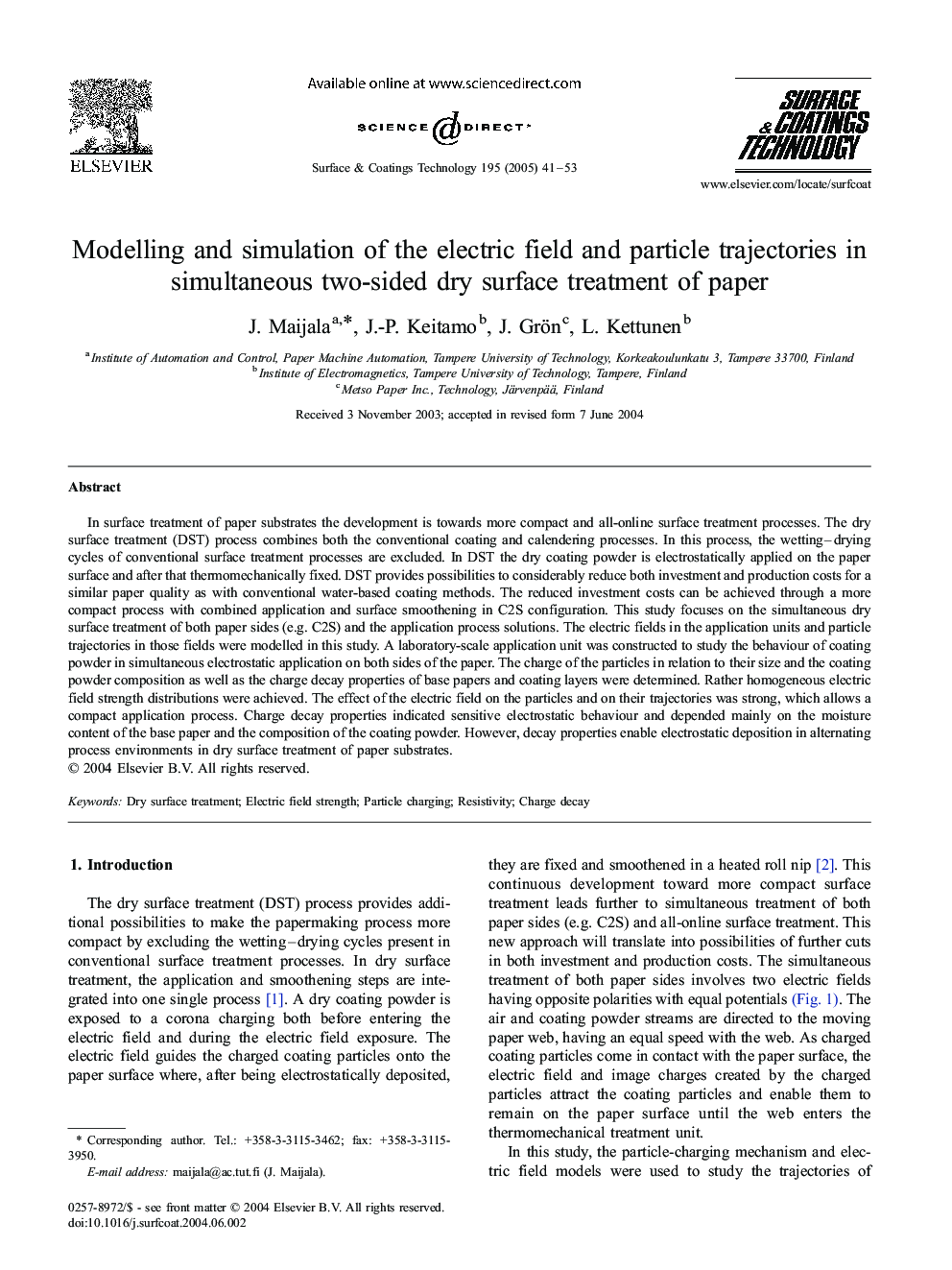 Modelling and simulation of the electric field and particle trajectories in simultaneous two-sided dry surface treatment of paper