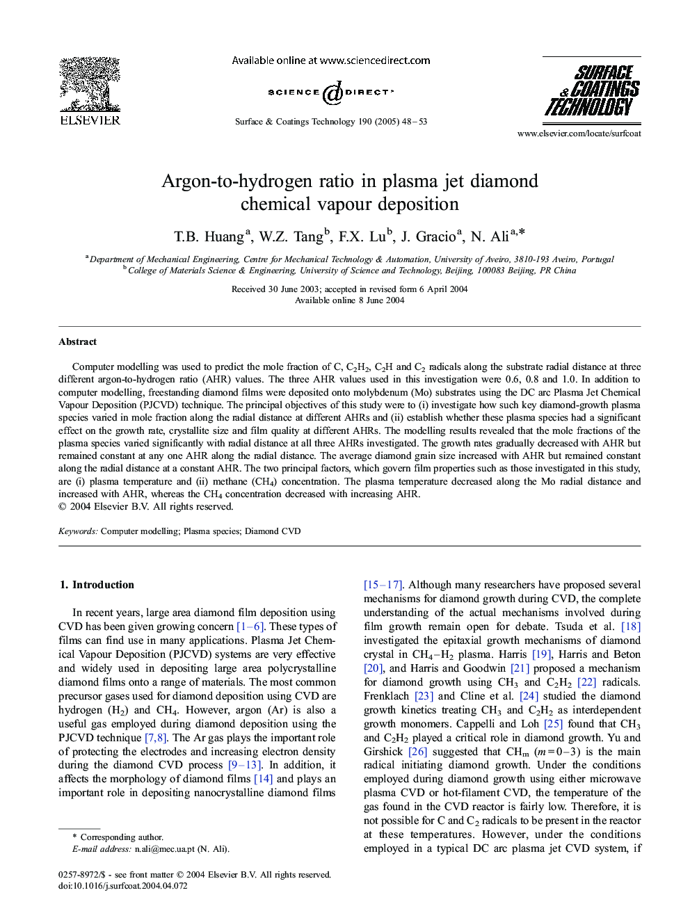 Argon-to-hydrogen ratio in plasma jet diamond chemical vapour deposition