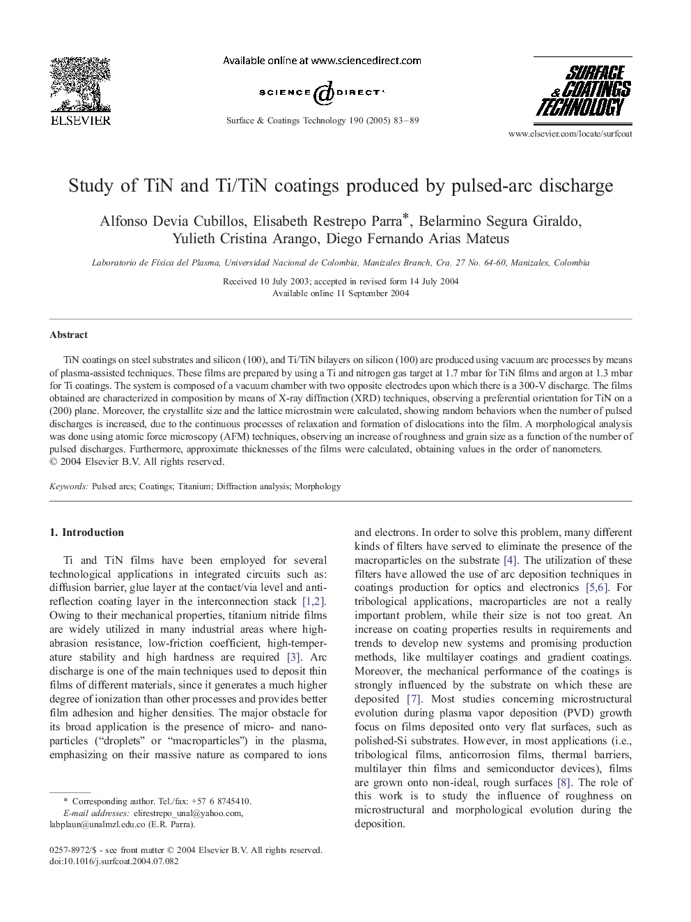 Study of TiN and Ti/TiN coatings produced by pulsed-arc discharge