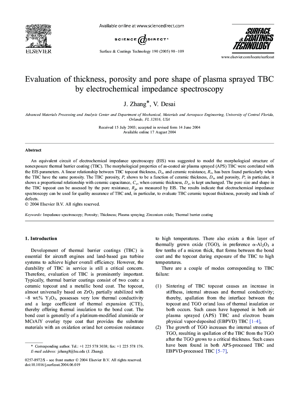 Evaluation of thickness, porosity and pore shape of plasma sprayed TBC by electrochemical impedance spectroscopy