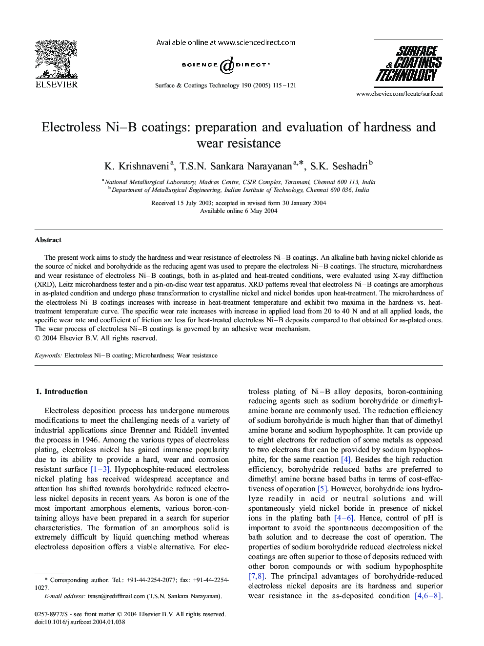 Electroless Ni-B coatings: preparation and evaluation of hardness and wear resistance