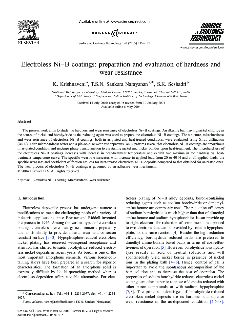 عکس صفحه اول مقاله: Electroless Ni-B coatings: preparation and evaluation of hardness and wear resistance Electroless Ni-B coatings: preparation and evaluation of hardness and wear resistance