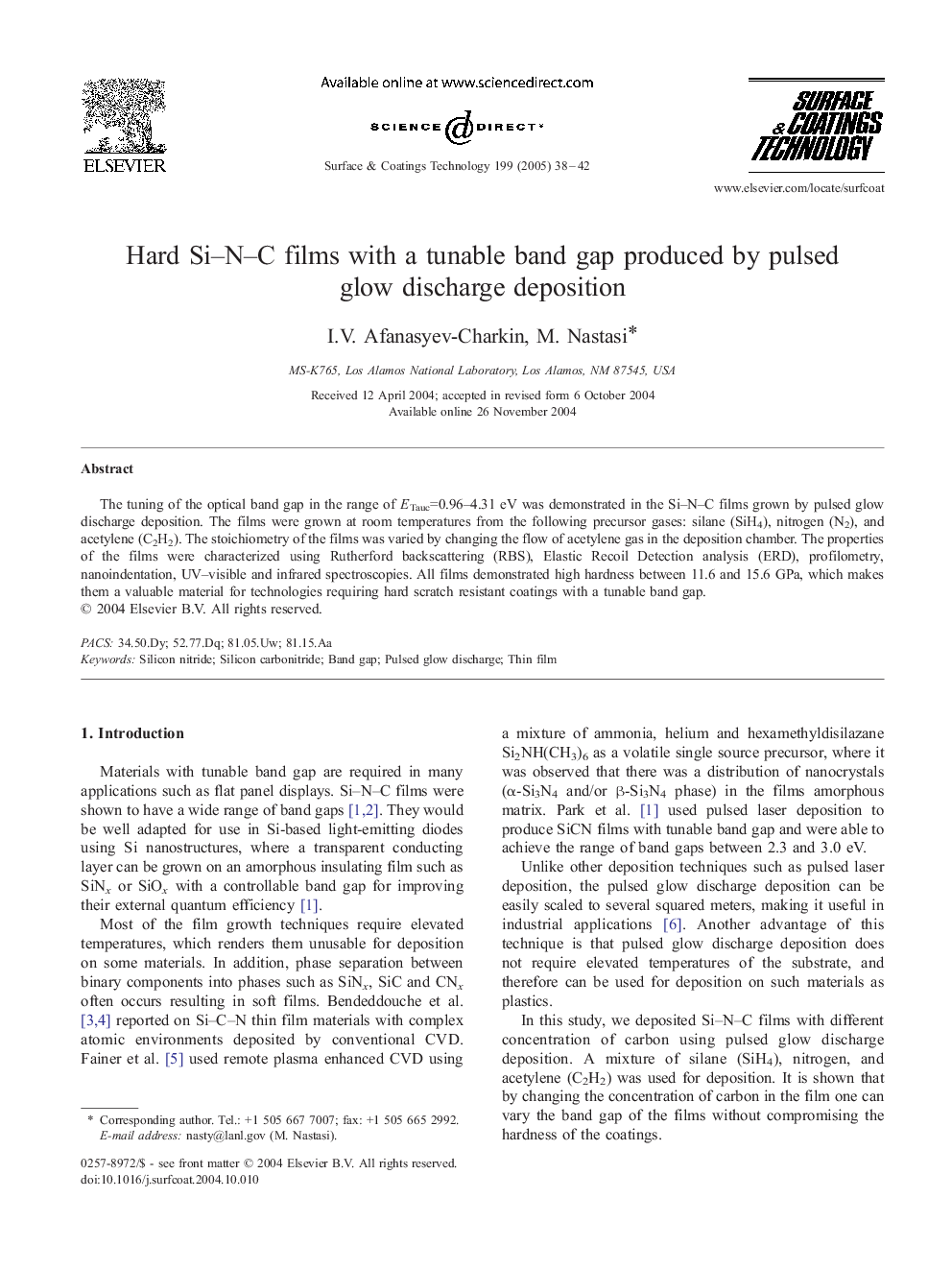 Hard Si-N-C films with a tunable band gap produced by pulsed glow discharge deposition