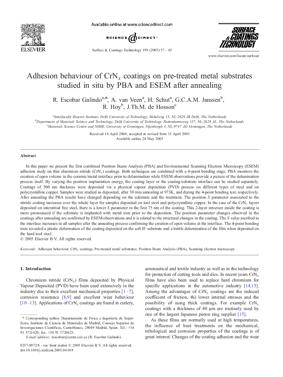 Adhesion behaviour of CrNx coatings on pre-treated metal substrates studied in situ by PBA and ESEM after annealing