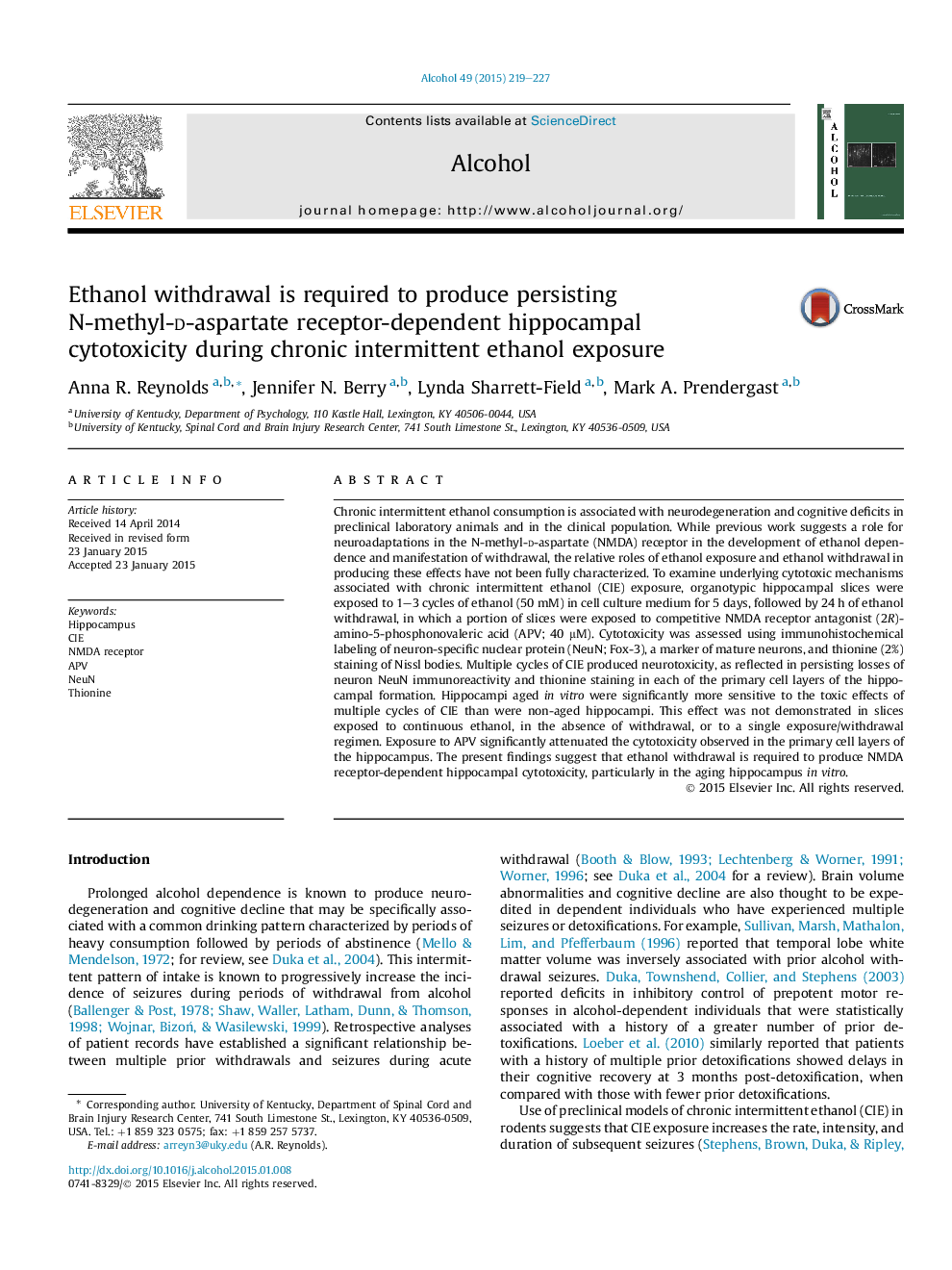 حذف اتانول برای تولید سمیت سلولی وابسته به گیرنده N-methyl-d-aspartate در طول زمان مواجه شدن با اتانول متناوب مزمن ضروری است