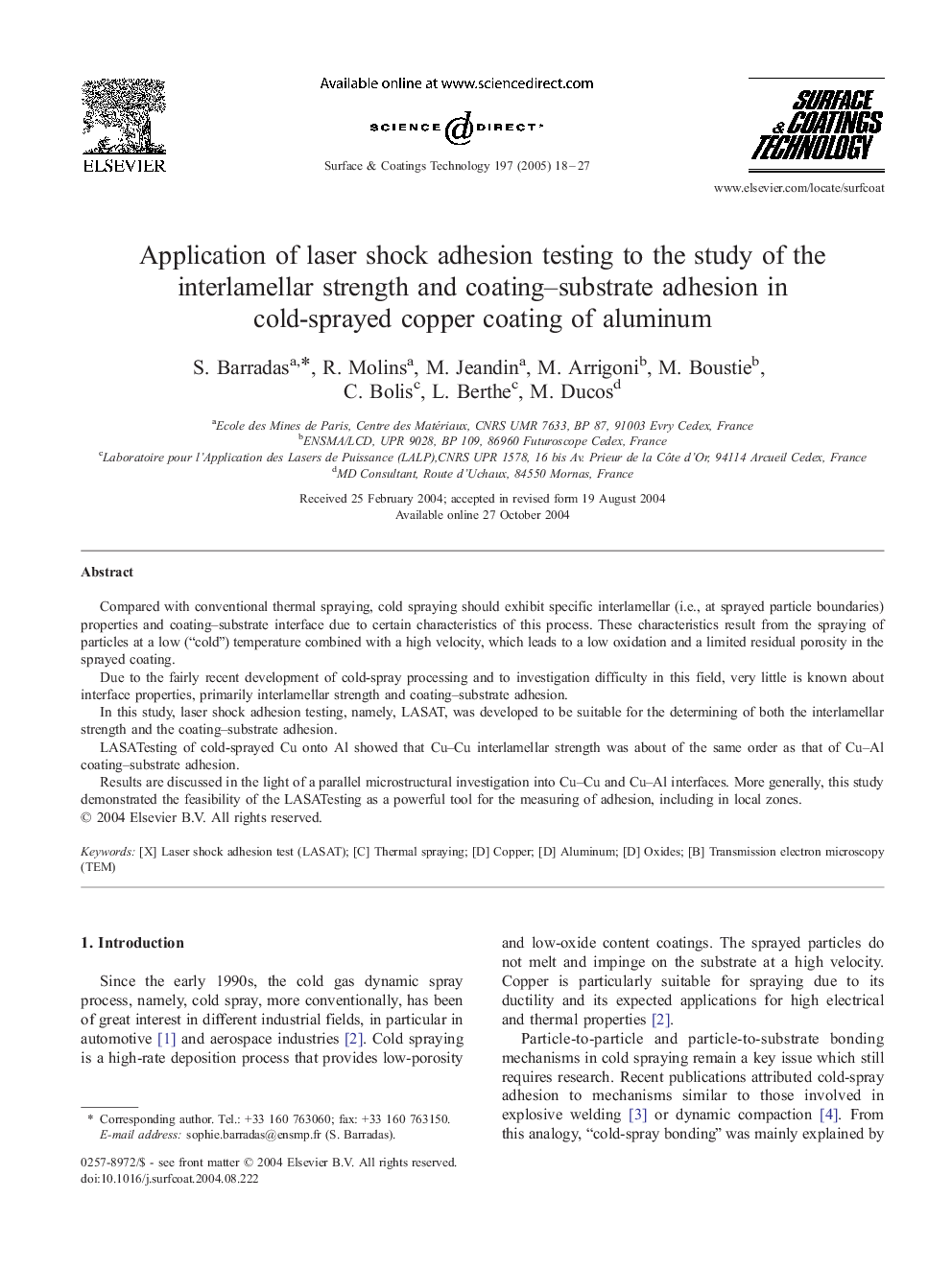 Application of laser shock adhesion testing to the study of the interlamellar strength and coating-substrate adhesion in cold-sprayed copper coating of aluminum