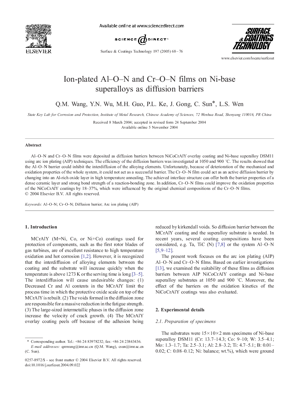 Ion-plated Al-O-N and Cr-O-N films on Ni-base superalloys as diffusion barriers