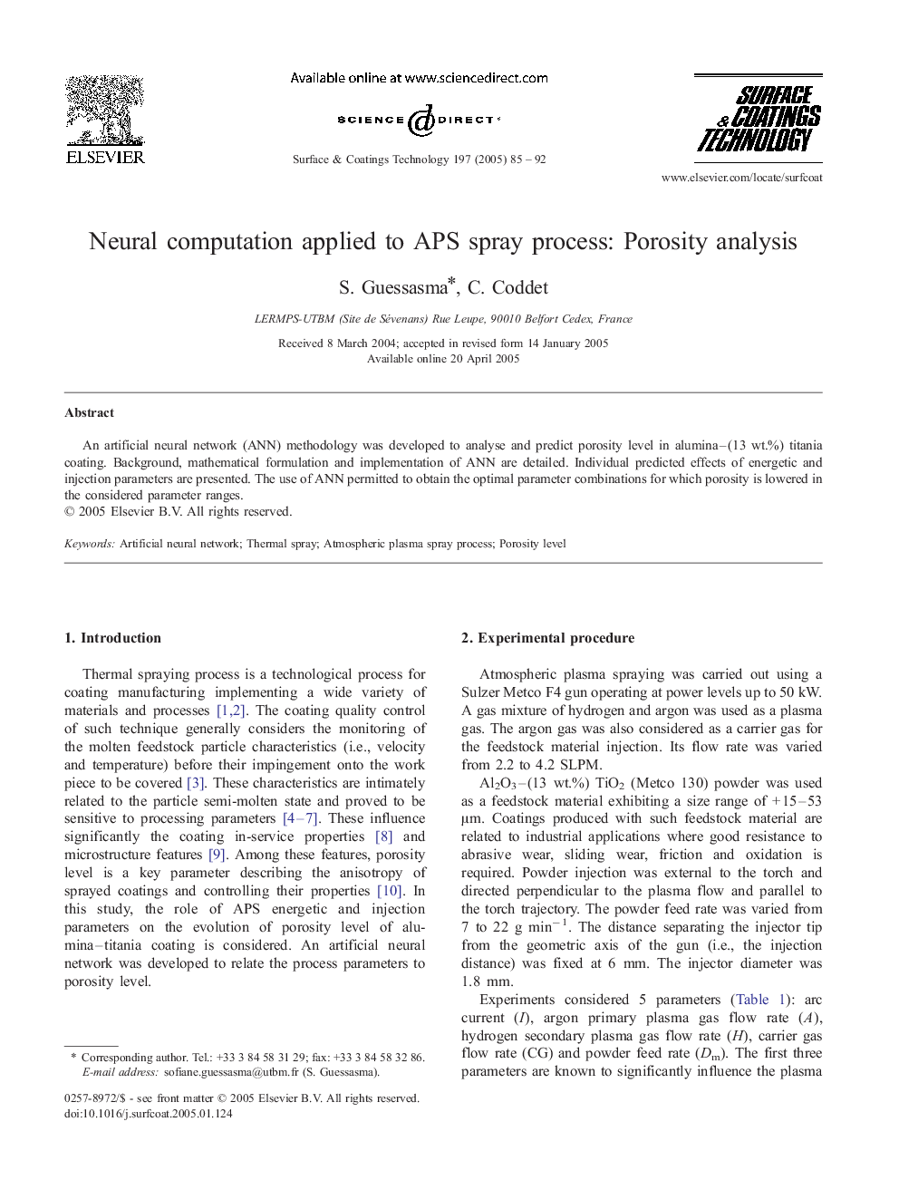 Neural computation applied to APS spray process: Porosity analysis