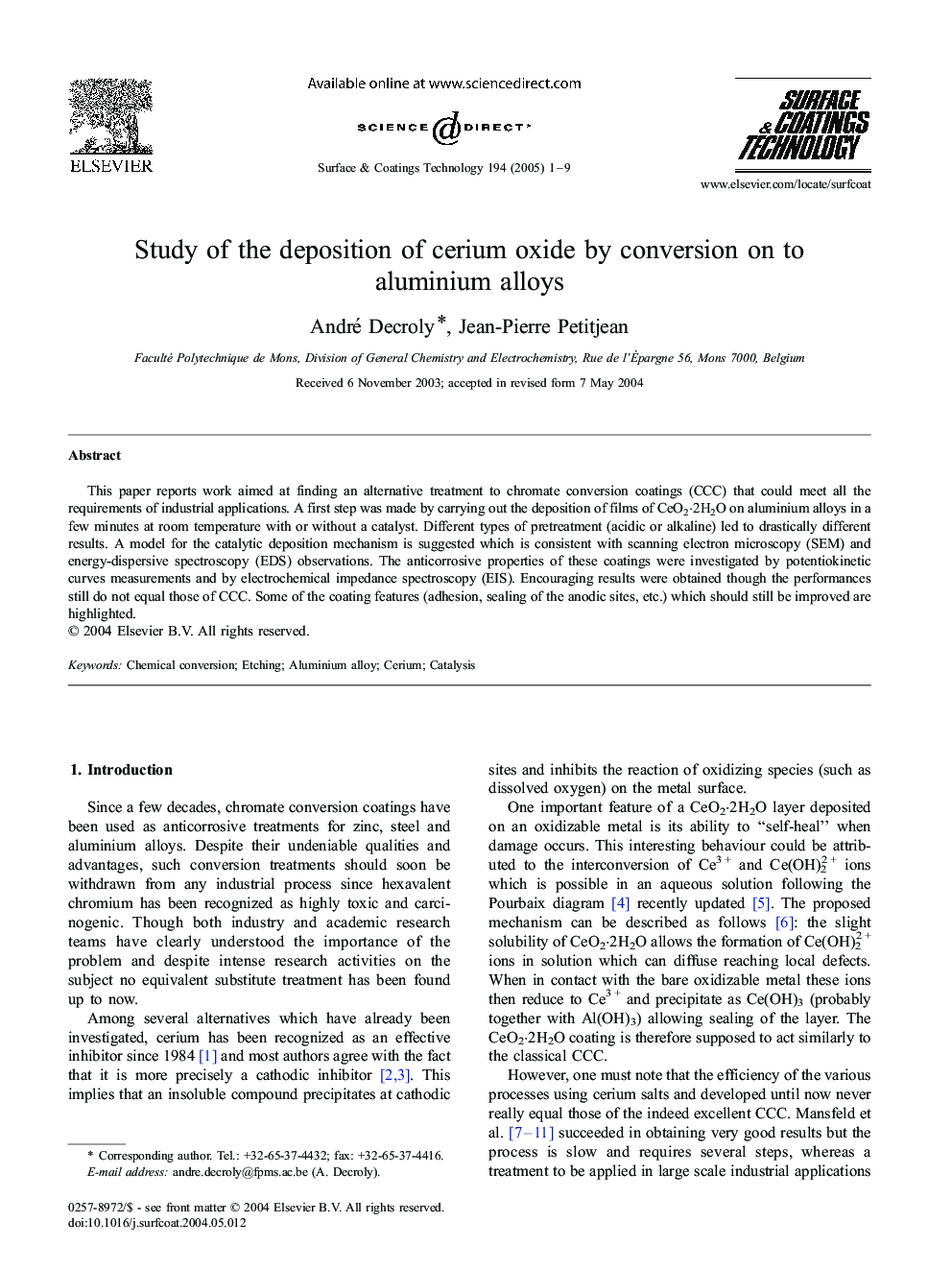 Study of the deposition of cerium oxide by conversion on to aluminium alloys