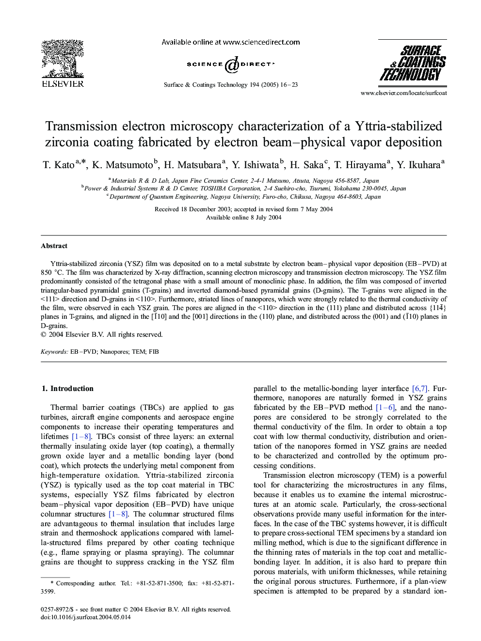 Transmission electron microscopy characterization of a Yttria-stabilized zirconia coating fabricated by electron beam-physical vapor deposition