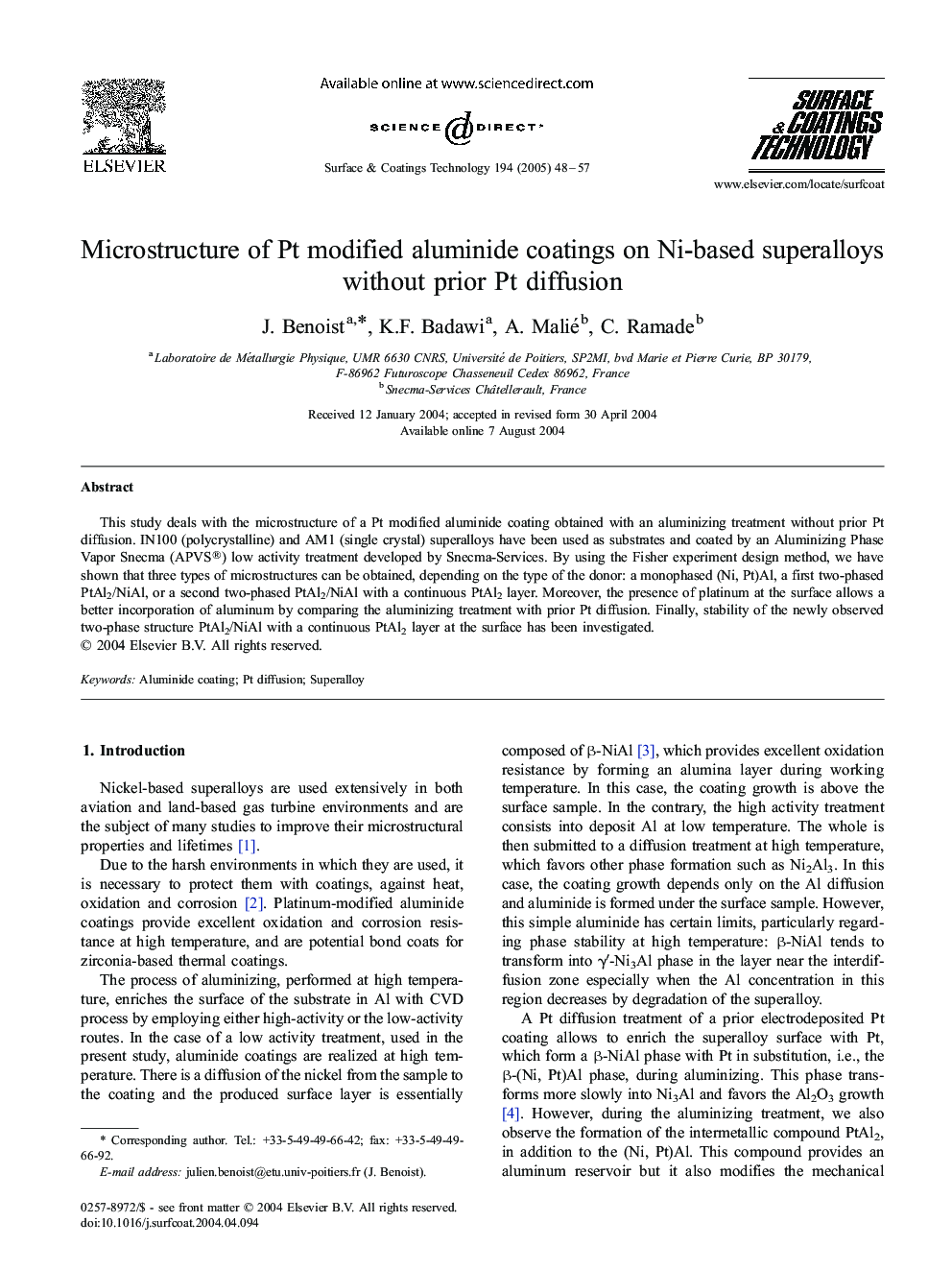 Microstructure of Pt modified aluminide coatings on Ni-based superalloys without prior Pt diffusion