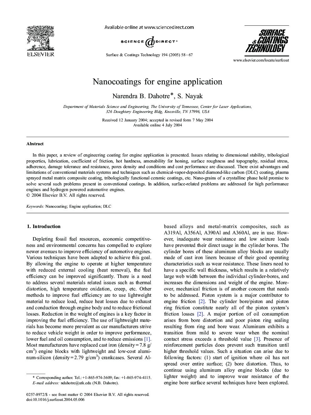 Nanocoatings for engine application