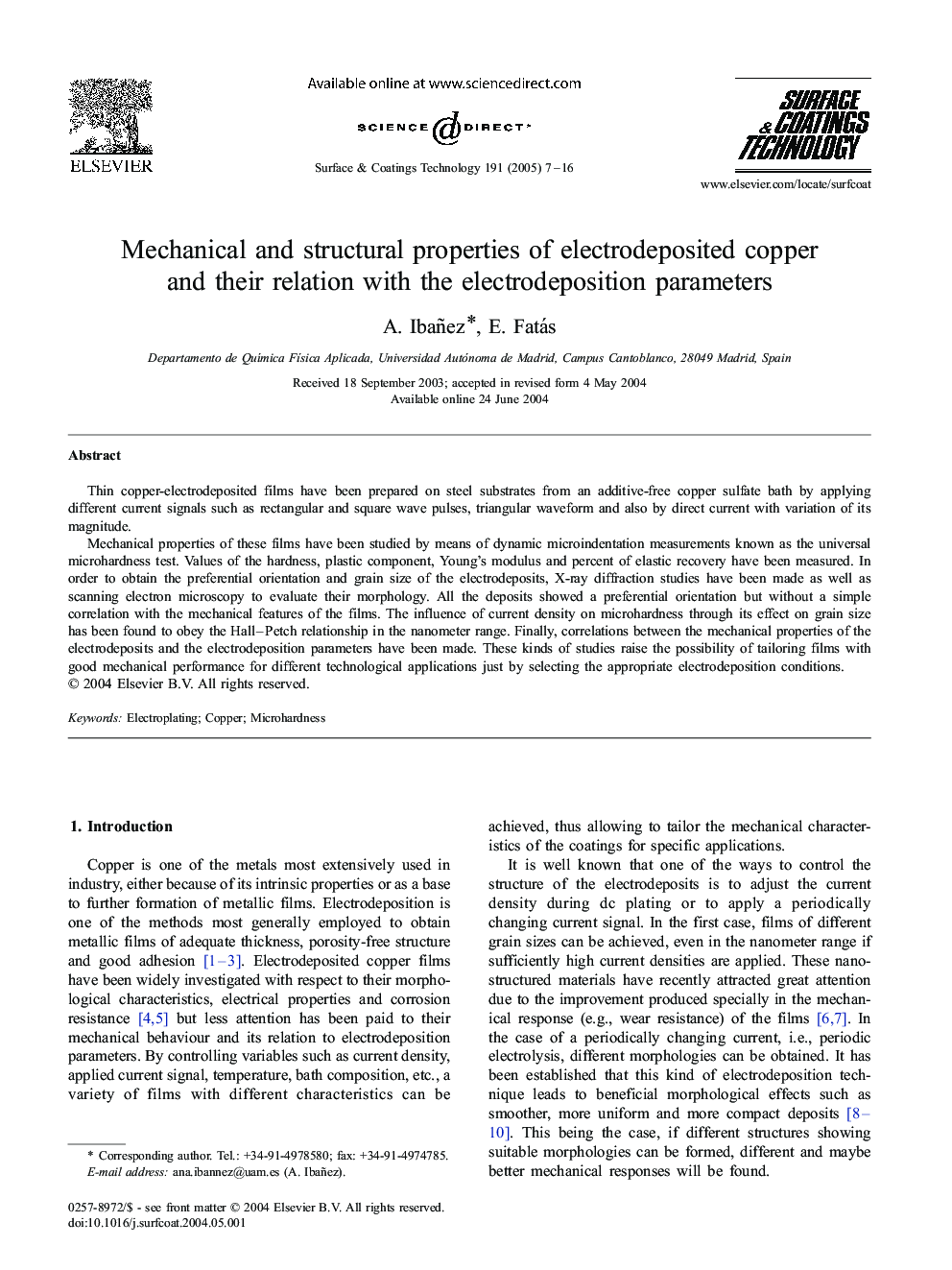 Mechanical and structural properties of electrodeposited copper and their relation with the electrodeposition parameters