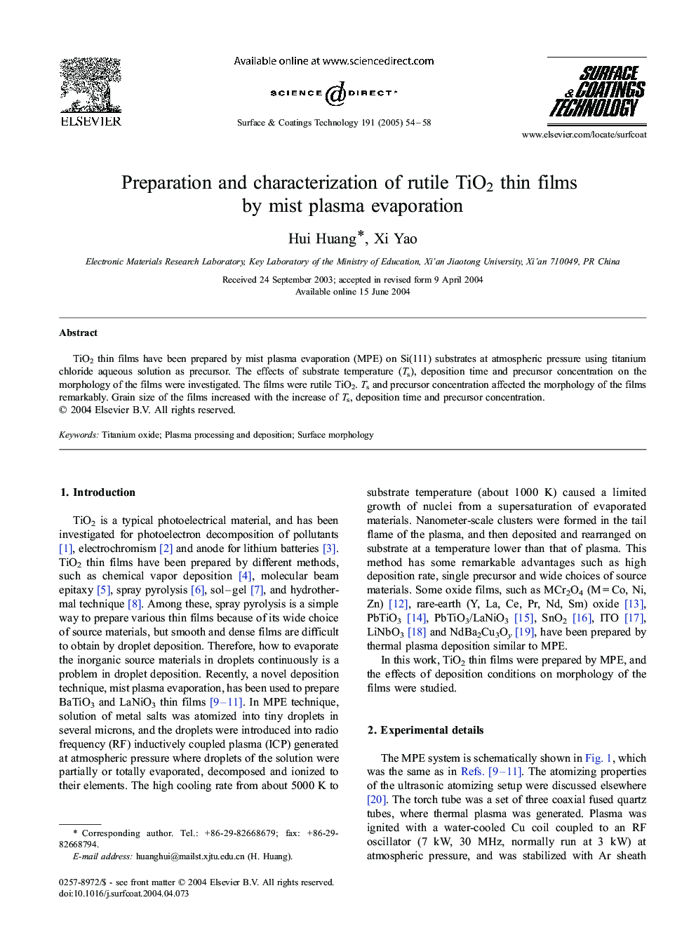 Preparation and characterization of rutile TiO2 thin films by mist plasma evaporation