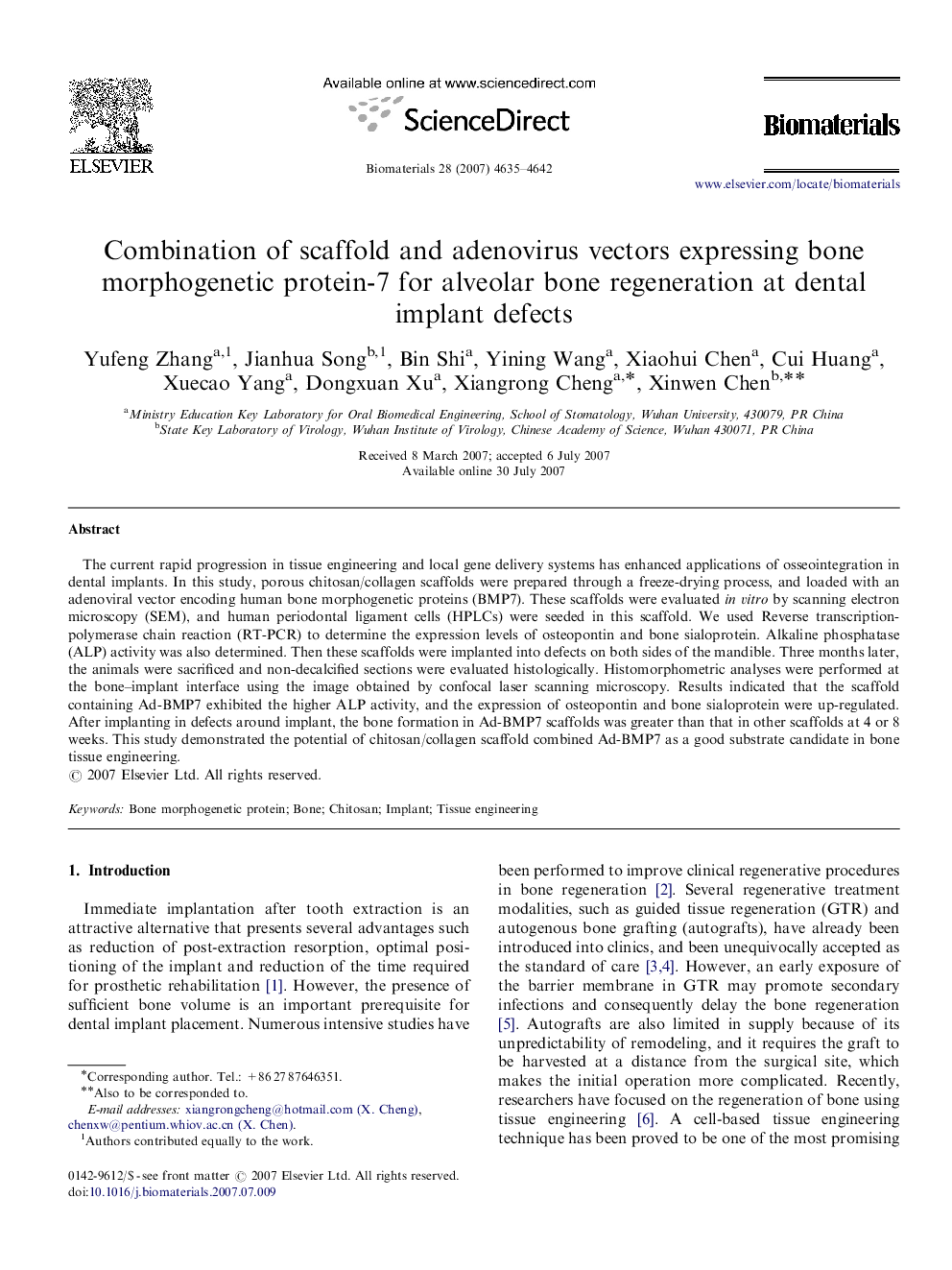 Combination of scaffold and adenovirus vectors expressing bone morphogenetic protein-7 for alveolar bone regeneration at dental implant defects