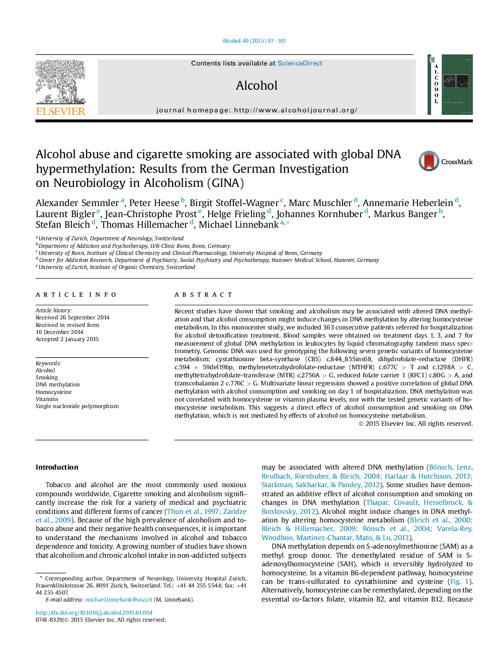 Alcohol abuse and cigarette smoking are associated with global DNA hypermethylation: Results from the German Investigation on Neurobiology in Alcoholism (GINA)