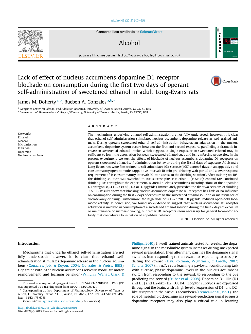 Lack of effect of nucleus accumbens dopamine D1 receptor blockade on consumption during the first two days of operant self-administration of sweetened ethanol in adult Long-Evans rats 