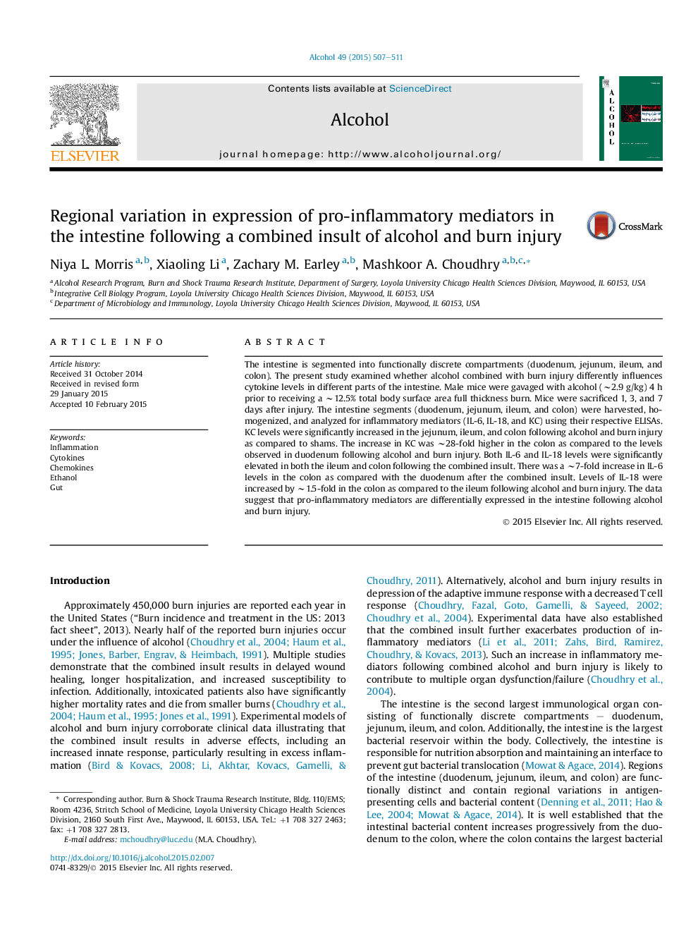 Regional variation in expression of pro-inflammatory mediators in the intestine following a combined insult of alcohol and burn injury