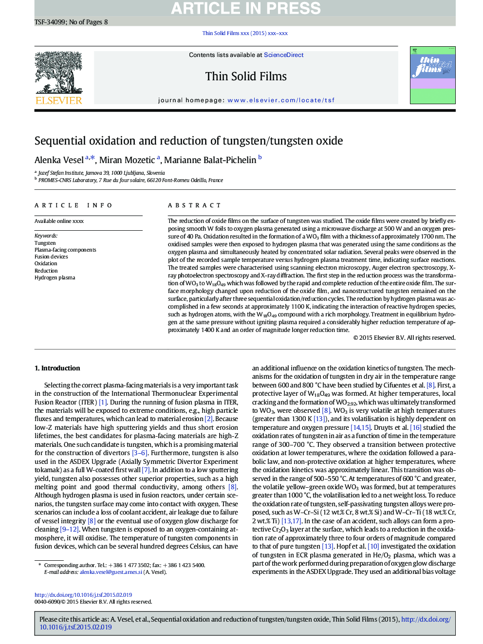 Sequential oxidation and reduction of tungsten/tungsten oxide