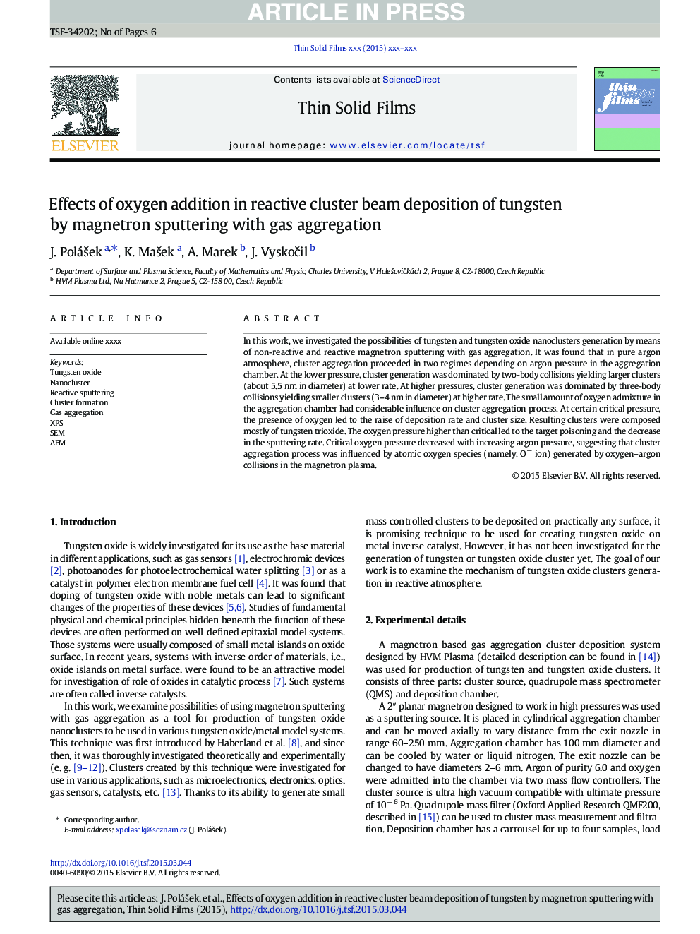 Effects of oxygen addition in reactive cluster beam deposition of tungsten by magnetron sputtering with gas aggregation