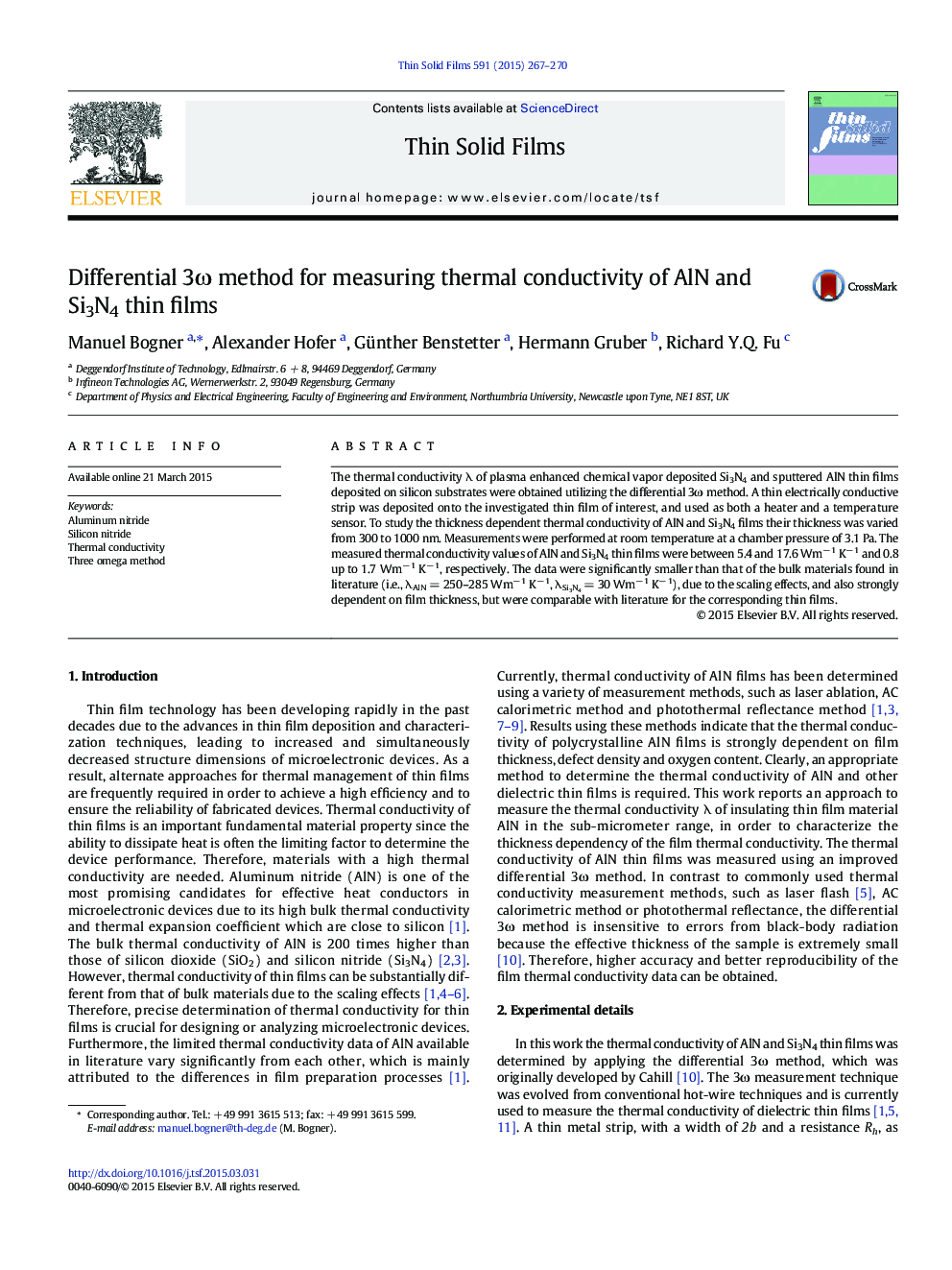 Differential 3Ï method for measuring thermal conductivity of AlN and Si3N4 thin films