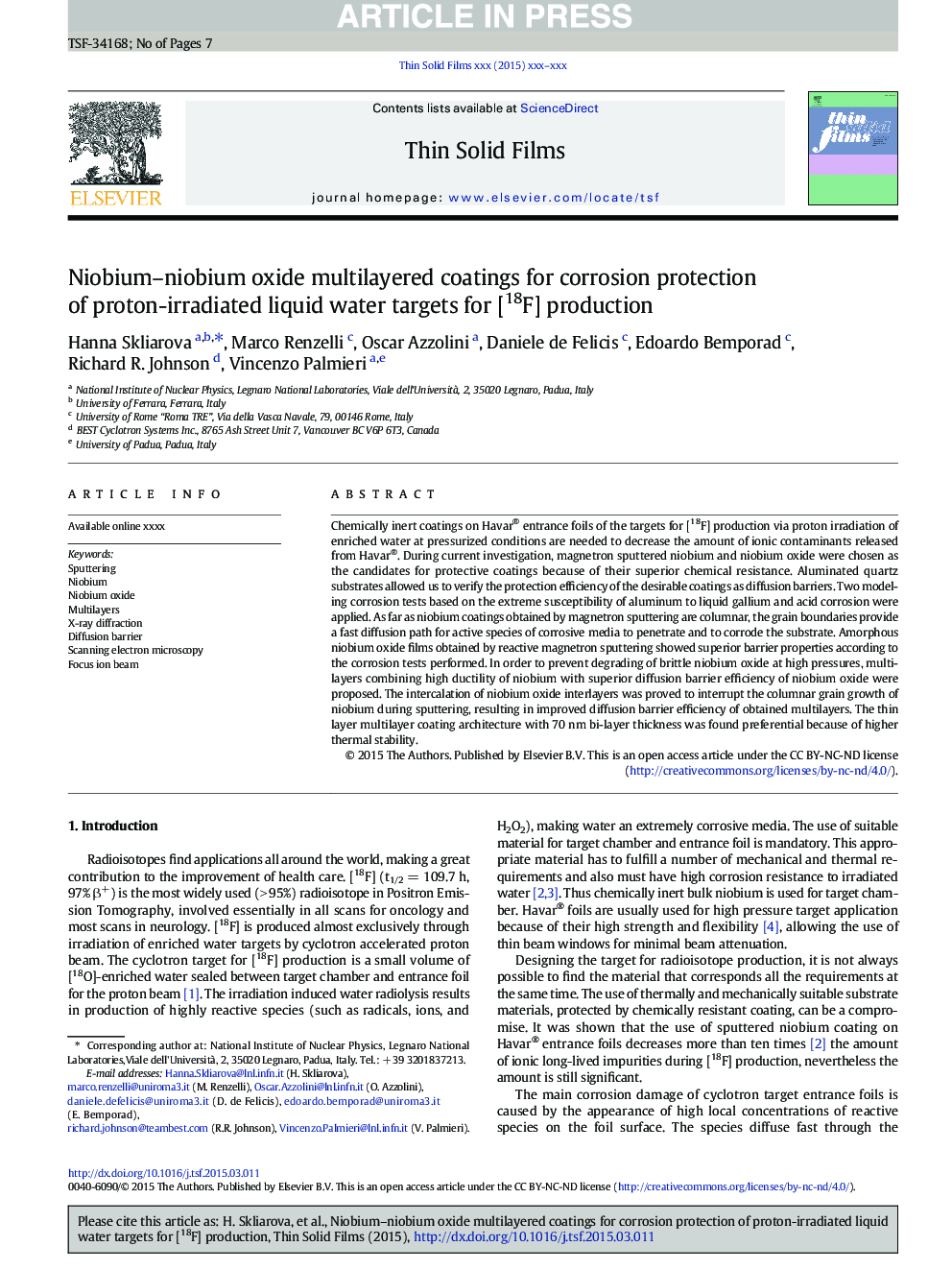 Niobium-niobium oxide multilayered coatings for corrosion protection of proton-irradiated liquid water targets for [18F] production