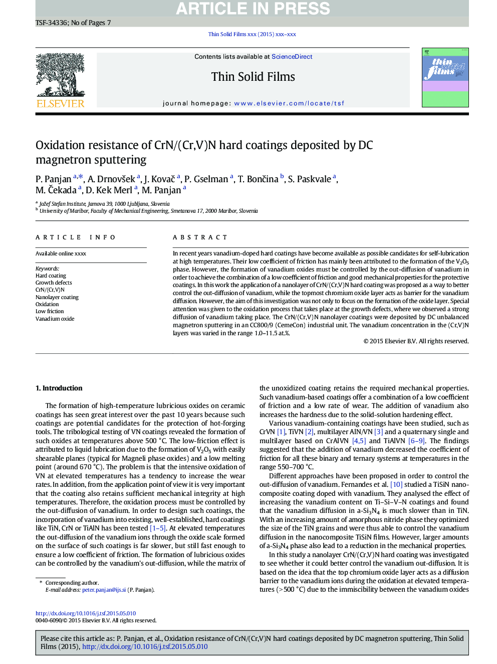 Oxidation resistance of CrN/(Cr,V)N hard coatings deposited by DC magnetron sputtering