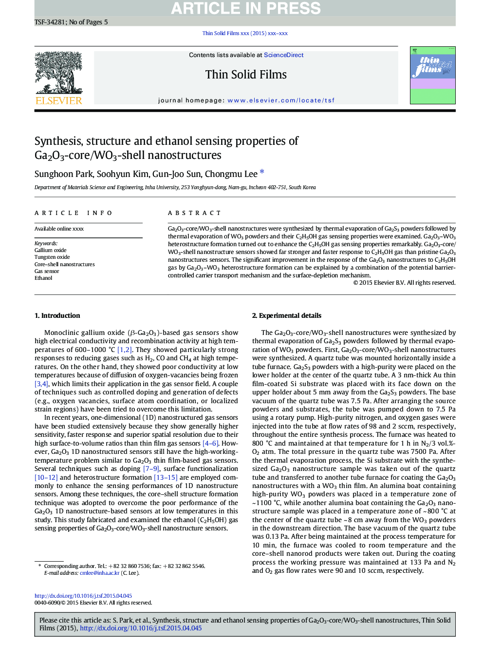 Synthesis, structure and ethanol sensing properties of Ga2O3-core/WO3-shell nanostructures